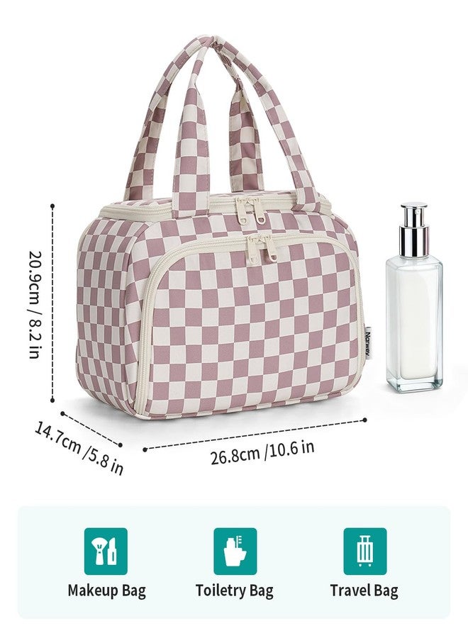 Narwey Large Travel Toiletry Bag for Traveling Women, Wide-open Travel Bag for Toiletries, Cosmetic Make Up Makeup Bag Organizer with Wet Pocket, Shower Skincare Bag (Dusty Pink Checkerboard) - Image 5